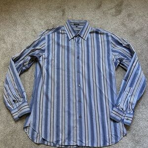 Salvatore Ferragamo Shirt Mens Blue Striped Long Sleeve Italy Button Up